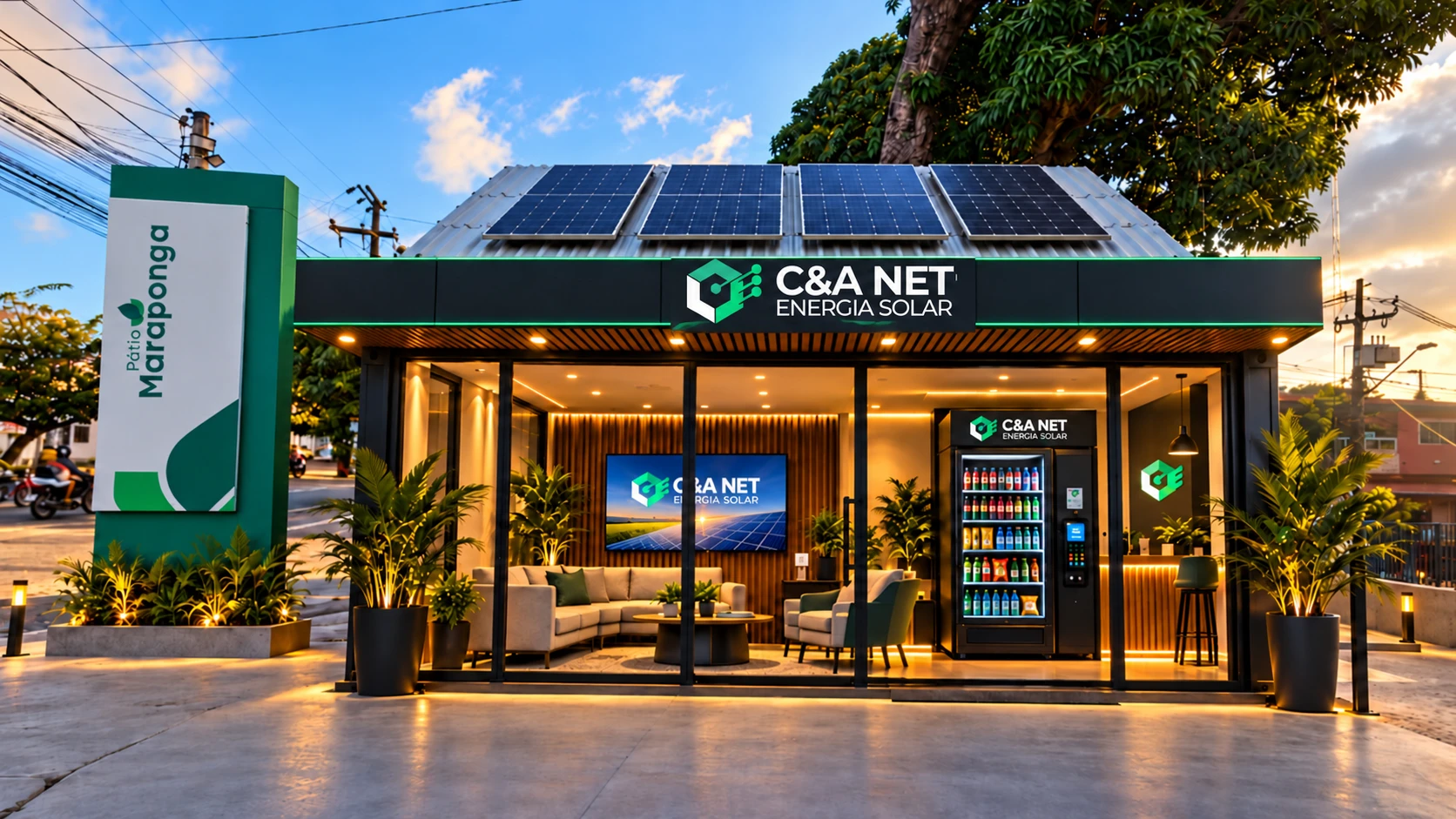 Conceito de espaço C&A NET com cobertura solar e símbolo corrigido